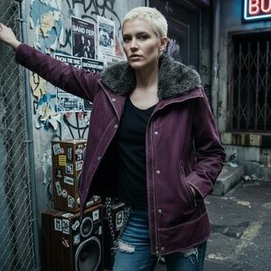 Women's genuine Leather deep Purple Jacket coat Faux Fur soft Collar Sz L LG NWT